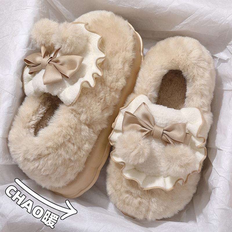 Bow Cotton Slippers Women's Winter New Indoor Home Thick-soled Warm Plush Cotton Shoes Women's Outer Wear