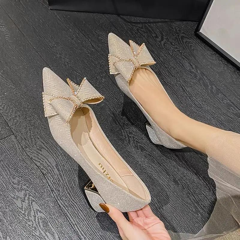 Fashion With Medium Heels Pointed Toe Shoes for Women Woman Pumps Block Heel Bow Chunky Spring Young Genuine Mark Korean Style Casual 39