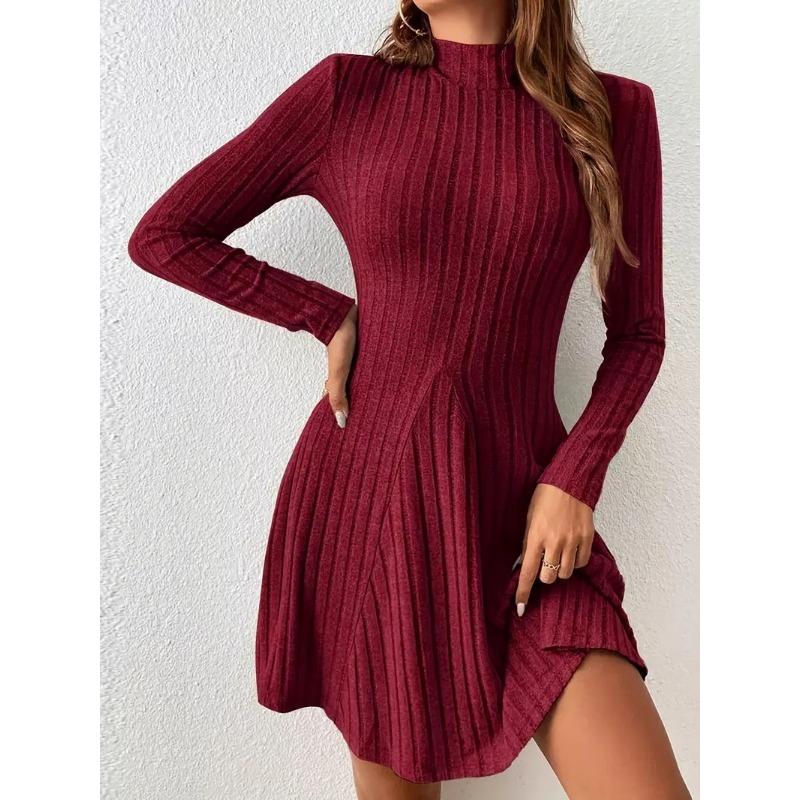 Podzimní a zimní šaty s dlouhým rukávem, polovičním rolákem, áčkového střihu, krátké, slim fit v pase, žebrované, áčkové, společenské šaty, dámské, ležérní, jednoduché oblečení