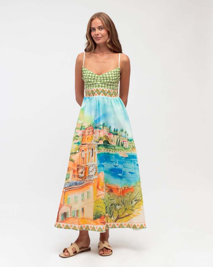 2026 European and American new dress, graffiti print beach vacation big swing dress S