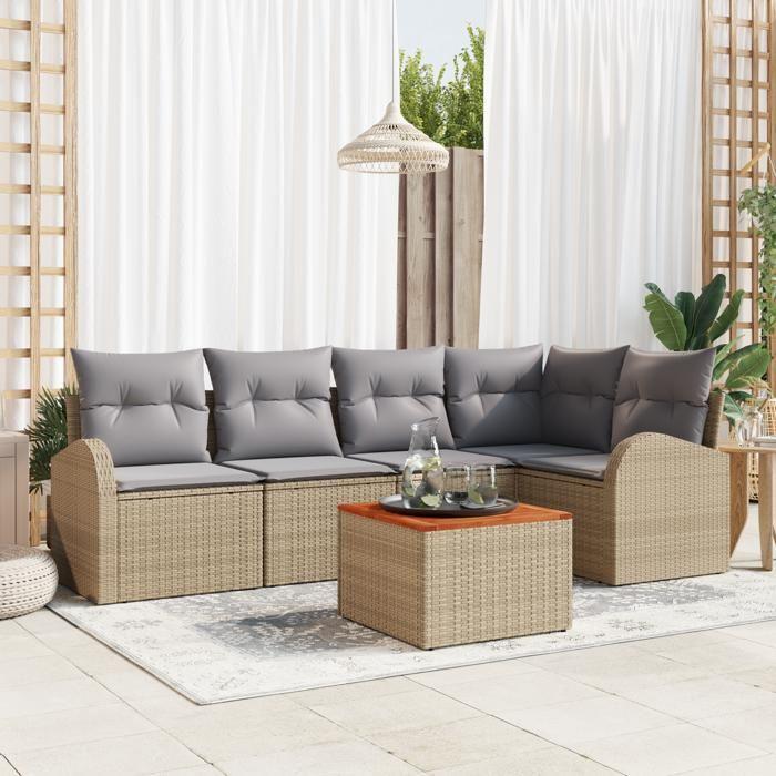Ensemble de canapé de jardin vidaXL 6 pièces avec coussins Beige Poly Rattan Acacia, Canapé de jardin 2 places vidaXL 3356250