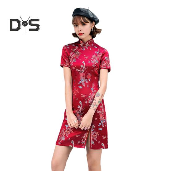 Kvinnor Sommar Cheongsam Stativ krage Dragon Phoenix Tryck Delad fåll Qipao Slim Fit Retro kinesisk stil Ovanför knälängd Bröllopsfest Cocktailklänning