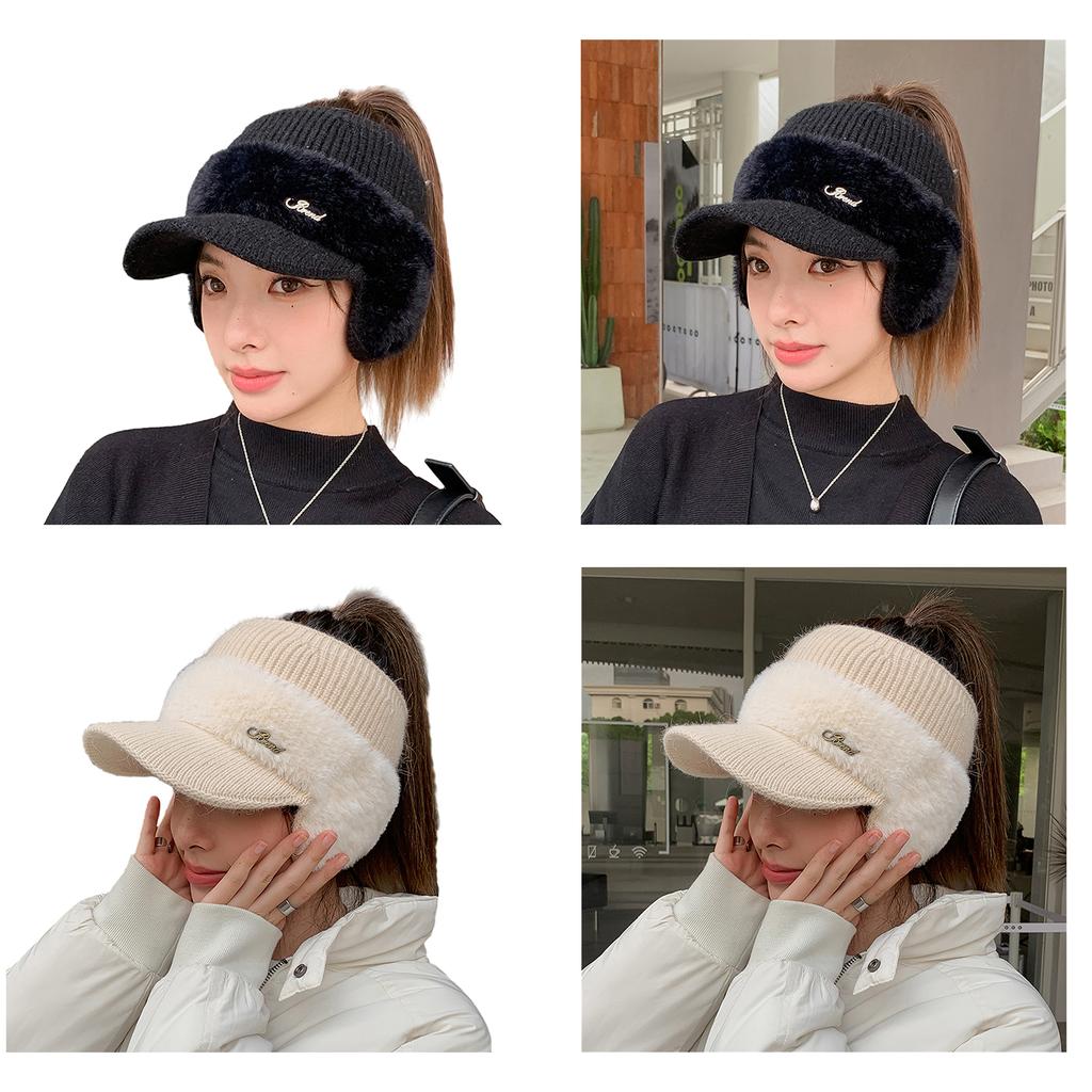 Novelty Furry Knitted Baseball Cap with Earflaps Women Influencers Same Slouchy Warm Ear Protections Empty Top Hat