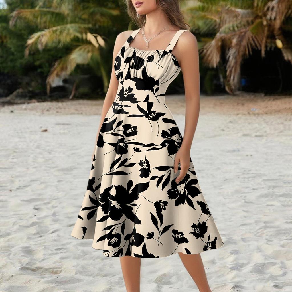 Vestidos Femininos Vintage Sem Mangas Plissados Patchwork Fofos Bainha A-Line Estampa Floral