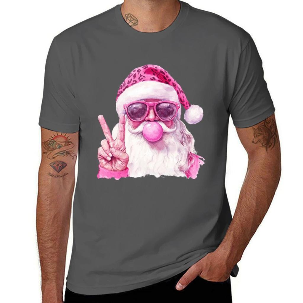 Retro Santa Peace Sign Leopard Hat Bubblegum Christmas Tshirt Casual Loose Fit Short Sleeve Tshirt