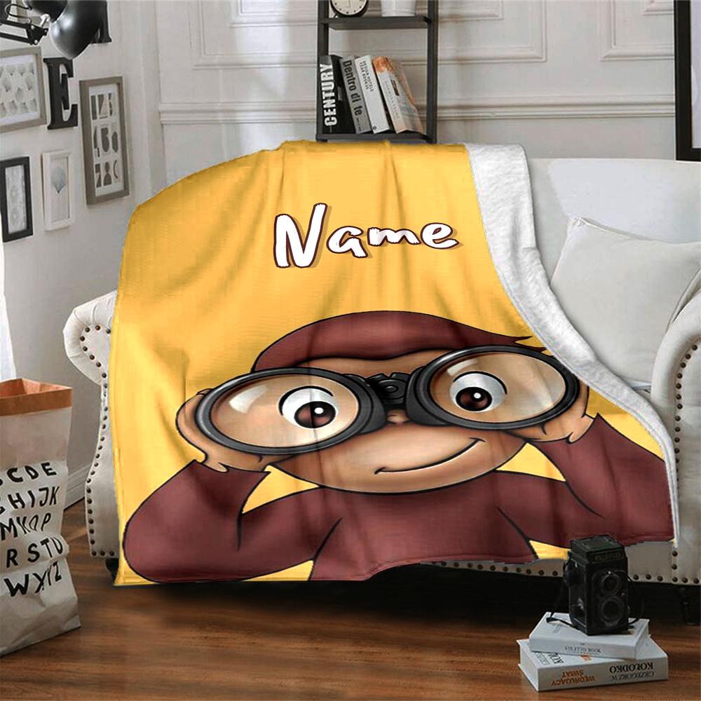 Custom Name Curious George Adventure Party Blanket For Couch Bed Plush Cozy Fuzzy Blanket Super Soft Warm Blankets For Fall And Winter 0916214