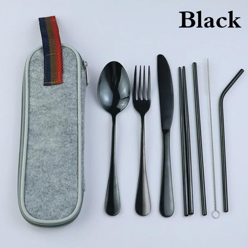 Dinnerware Travel Camping Cutlery Set Reusable Straw Spoon Fork Chopsticks Portable Case Multicolor Kitchen Tableware Tools