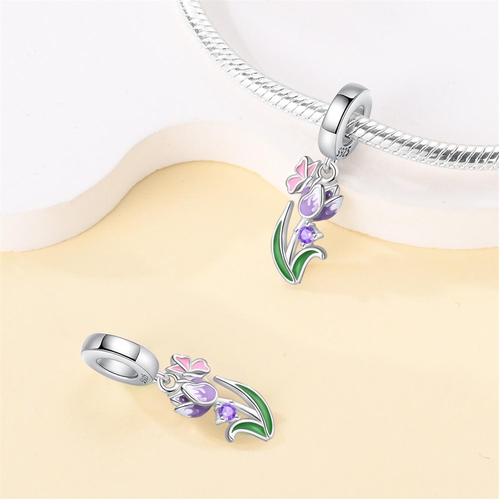 Copper Charms Original Purple Flowers Beads Fit Bracelet Jewelry Diy Lady'S Gift Accessory