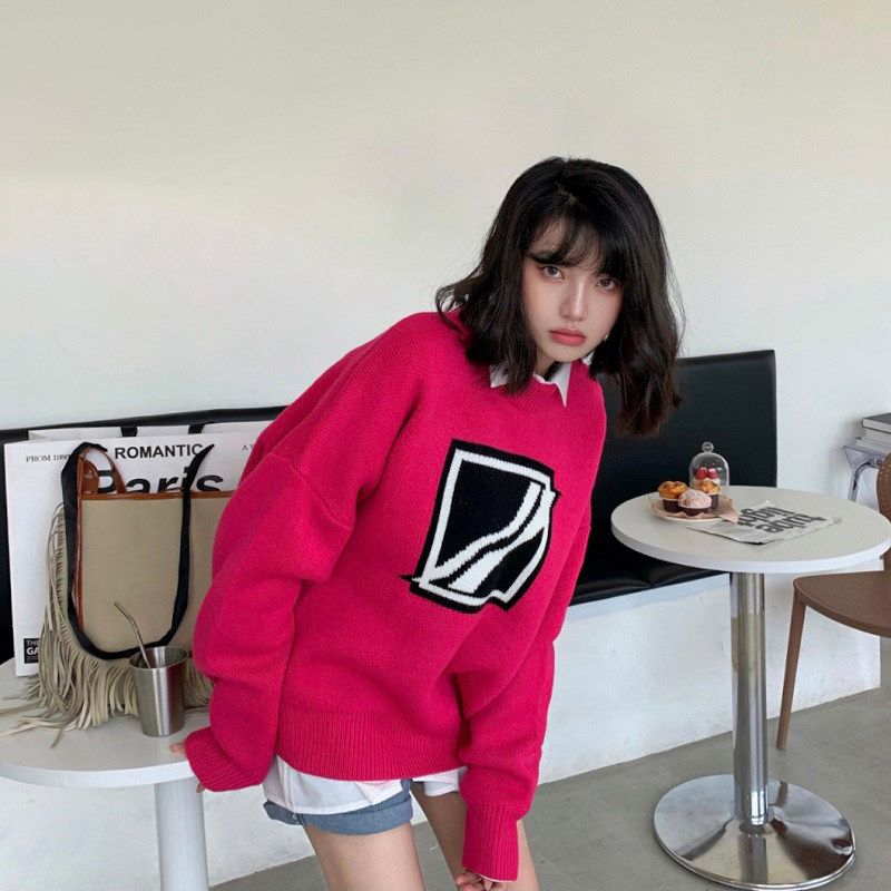 

We11Done Track Niche Trendy Brand American Style Autumn and Winter Thick Loose High-End Men s Couple Crew Neck Sweater We11 Square Logo Sweater Pink M