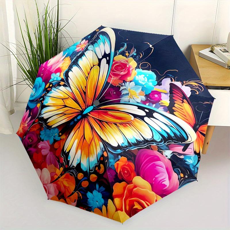 

Butterfly Flowers Automatic Folding Umbrella 8 Ribs, Durable Iron Frame, Bright Color Pattern Compact Travel Umbrella, Suitable for Outdoor