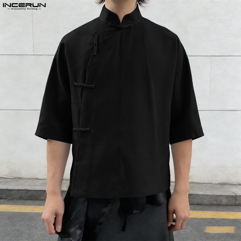 INCERUN Summer Men Vintage Stand Neck Short Sleeve Side Buttons Casual Vintage Shirts