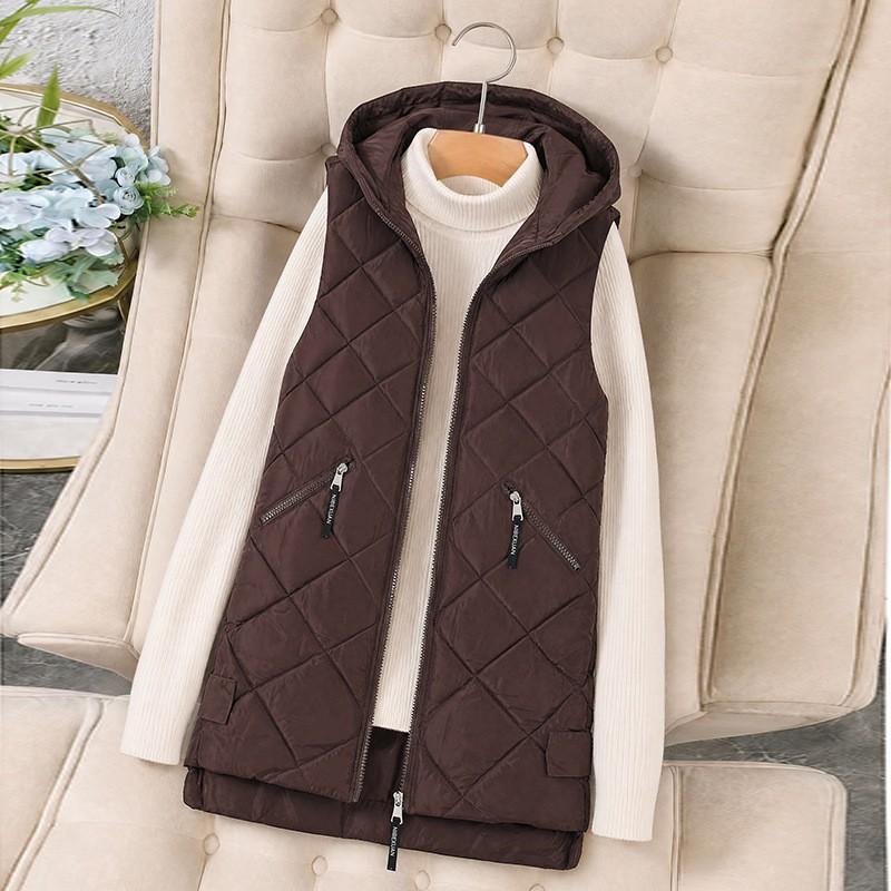 Womens Hooded Quilted Cotton Vest Mid-Length Warm Sleeveless Puffer Waistcoat Streetwear Casual Outerwear