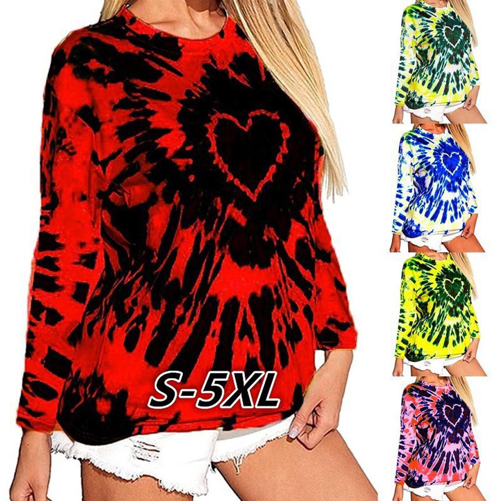 

Fashion Women Letter Tie-dye Printing Long Sleeves T-Shirt Blouse Tops
