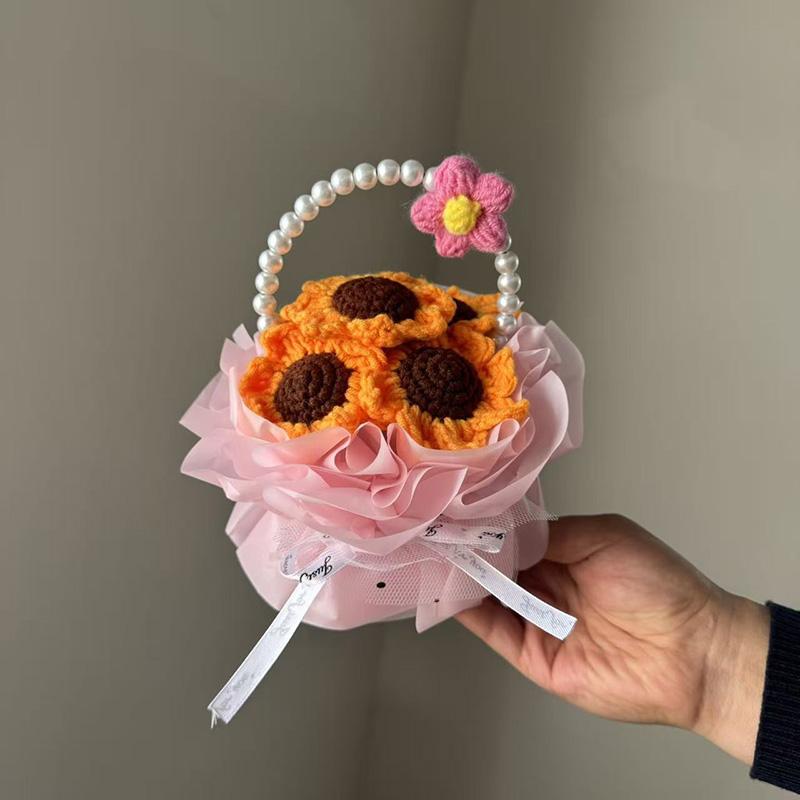

Crochet Flower Basket Decorations Artificial Knitted Flower Bouquet Valentine s Day Gift Flower Gifts for Lover