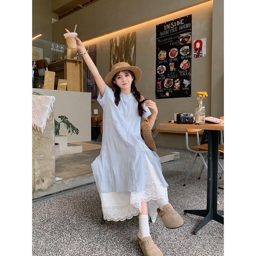 Women's Blue Striped Short-Sleeve Layered Shirt Dress – New 2026 Korean Style, Loose Mid-Length Two-Piece Summer Set.
