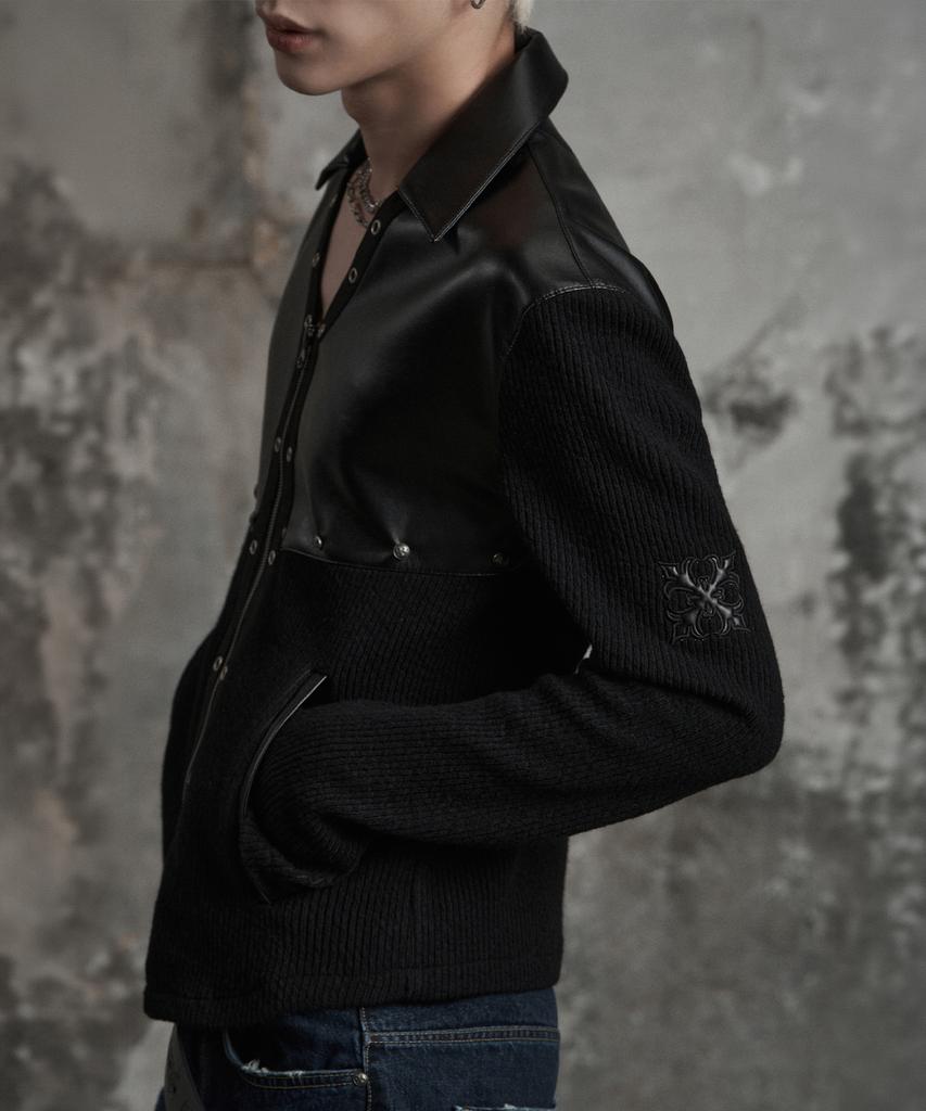 LANARCHIVE [0162] Cross Leather Collar Zip-Up Jacket - Black