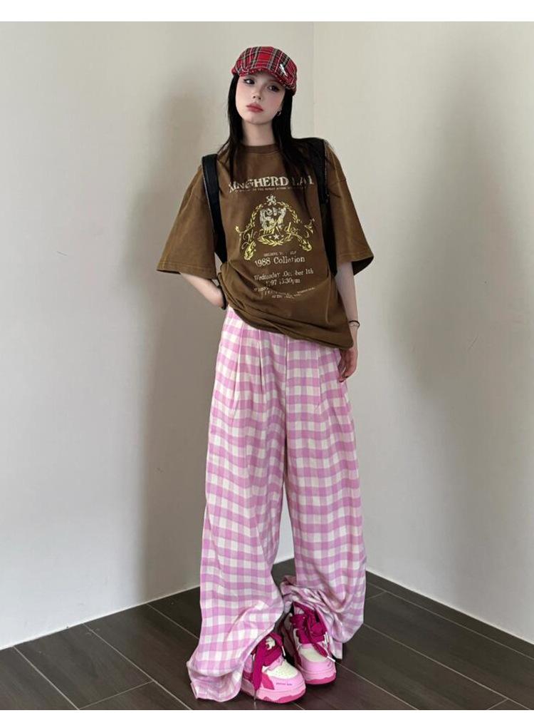 Women's Blue Plaid High-Waisted Wide-Leg Pants - Spring/Summer 2025 Collection