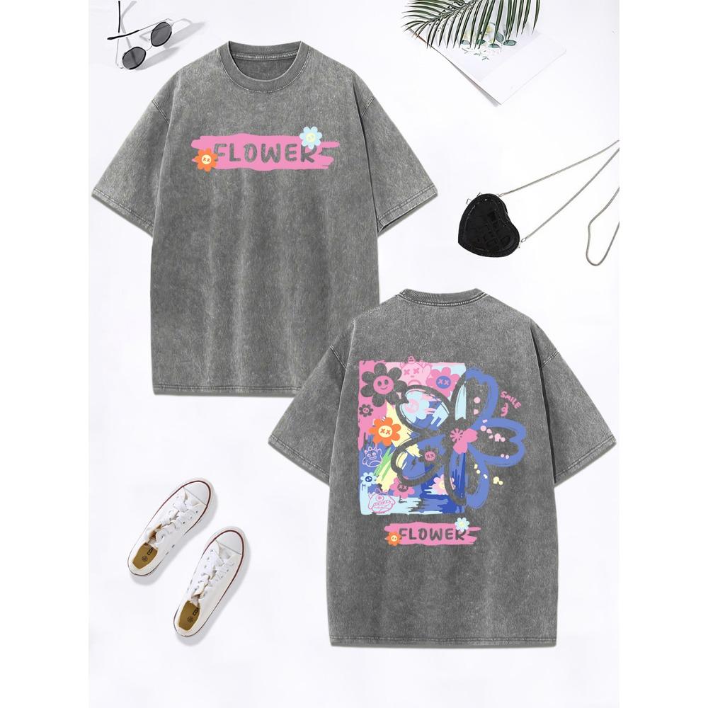 Flower Creative Graffiti Prints Washed T-Shirt Women Cotton Oversized Tops Comfortable Distressed O-Neck T Shirt  Clothes