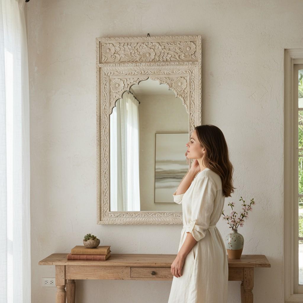 Wooden Carved Wall Decor Mirror With Glass- Home Bedroom Wall Hanging Mirror-Wooden Mirror | Wall Bedroom Mirror Decor Furniture-Decor Frame