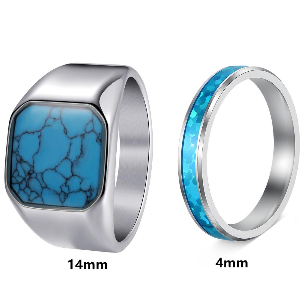 Cross-Border Stainless Steel Couple Wedding Rings with Turquoise, Opal & Seal Designs