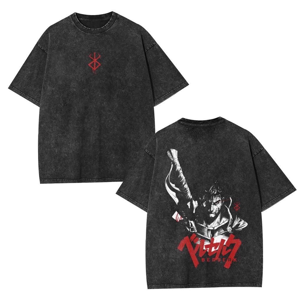 Berserk Baggy T-shirt Washed Oversized Cotton Anime Two Sided Print Men Women Short Sleeve Retro Streetwear Cotton Female Male Clothing