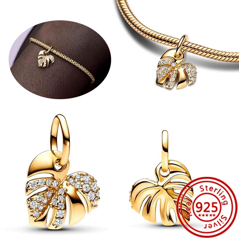 925 Copper Two-tone Stepmom Entwined Hearts Monstera Leaf Glow-in-the-dark Firefly Charm Beads Fit Pantaro Bracelet DIY Zircon