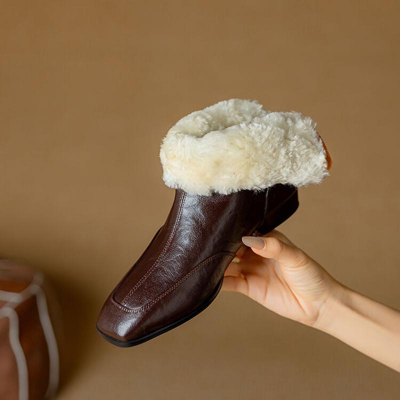 Fashion NEW Winter Women Boots Square Toe Chunky Heel Shoes Split Leather Shoes for Women Zipper Ankle Boots Warm Wool Modern Boots
