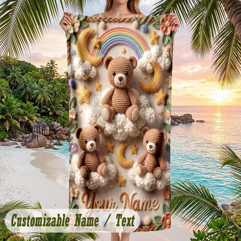 Teddy Bear Theme Beach Towel Personalized Custom Name & Text Soft Quick Dry Beach Towel for Swimming Travel