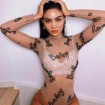 Sommer Sexy Brief Drucken Transparent Mesh Bodys Langarm Durchsichtig Baby Bodycon Strampler Frauen Overalls