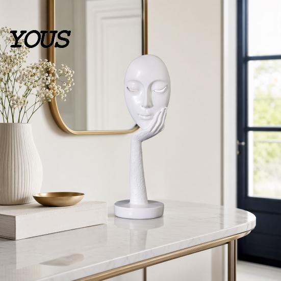 Polished Resin Figurine Abstract Contemplative Face Sculpture, Minimalist Hand-on-Chin Bust Statue for Desk Living Literary Style