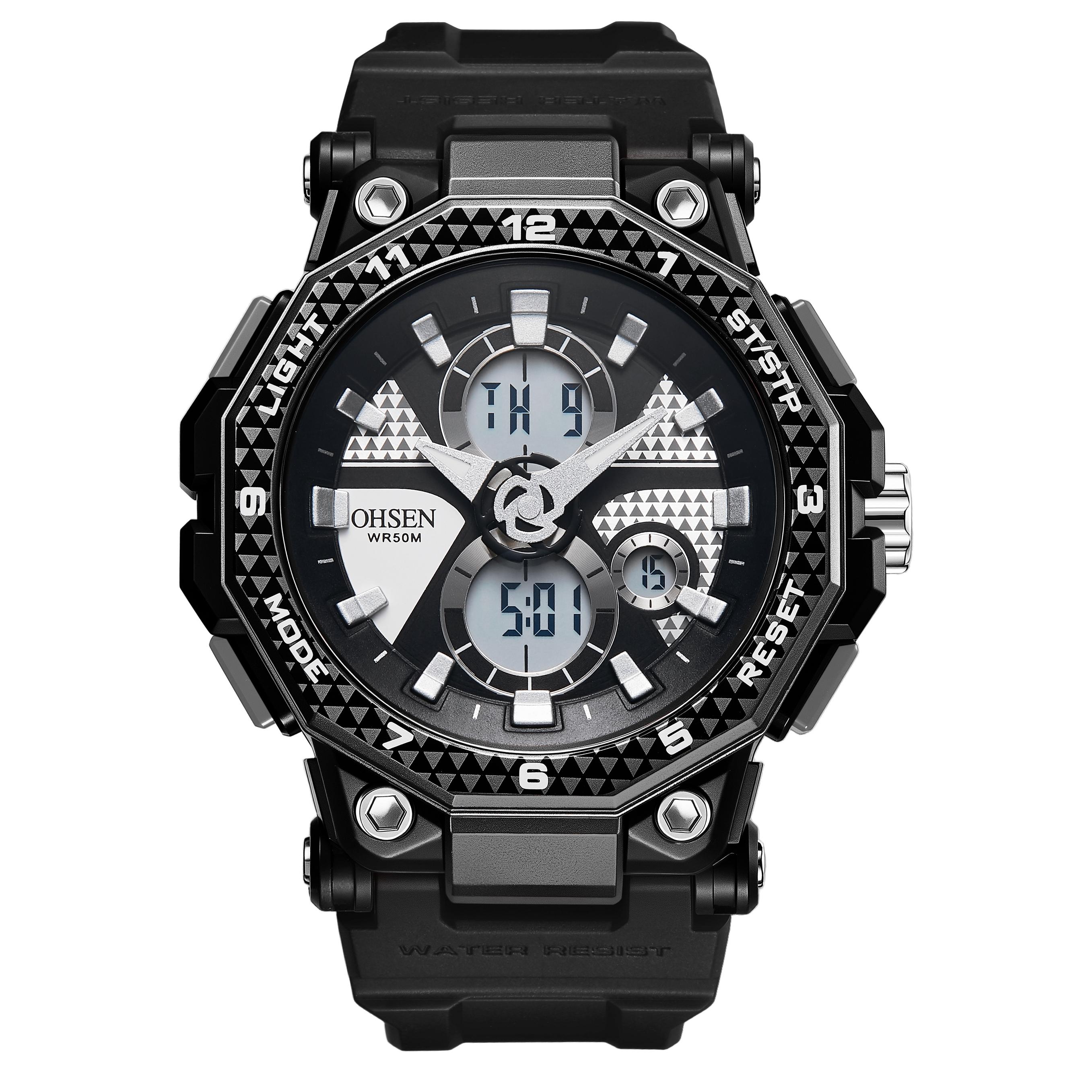 

Модные трендовые спортивные мужские электронные часы Светодиодная подсветка Аналогово-цифровой двойной дисплей Календарь Многофункциональные часы reloj hombre чёрный