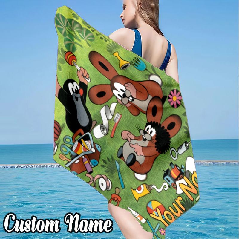 Custom Name Little Mole Beach Towel - Soft, Ultra-Absorbent Microfiber, Lightweight, Perfect for Beach, Parties, Travel, Camping