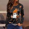 Women's Fashion Long Sleeve Top with Halloween Print and Side Slits, Round Neck