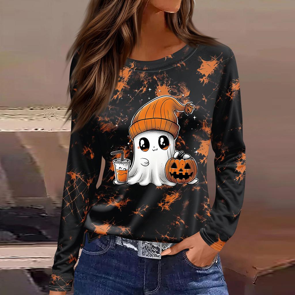 Women's Fashion Long Sleeve Top with Halloween Print and Side Slits, Round Neck