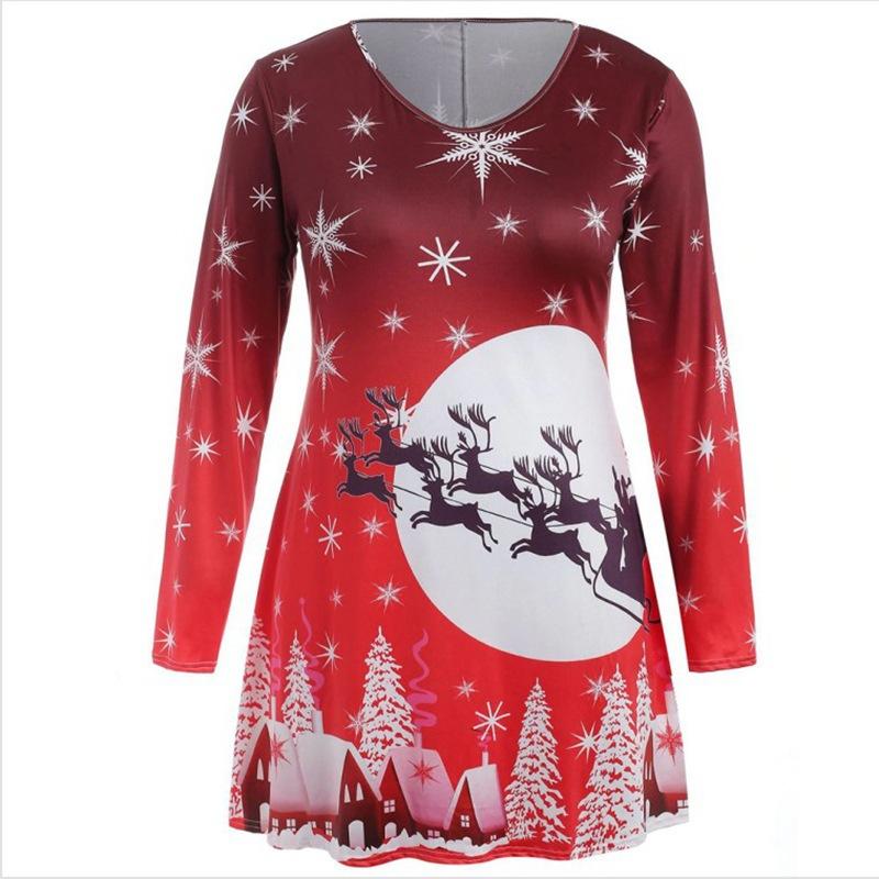 European And American Wishes Autumn And Winter New European And American Style Printed Christmas Dress S