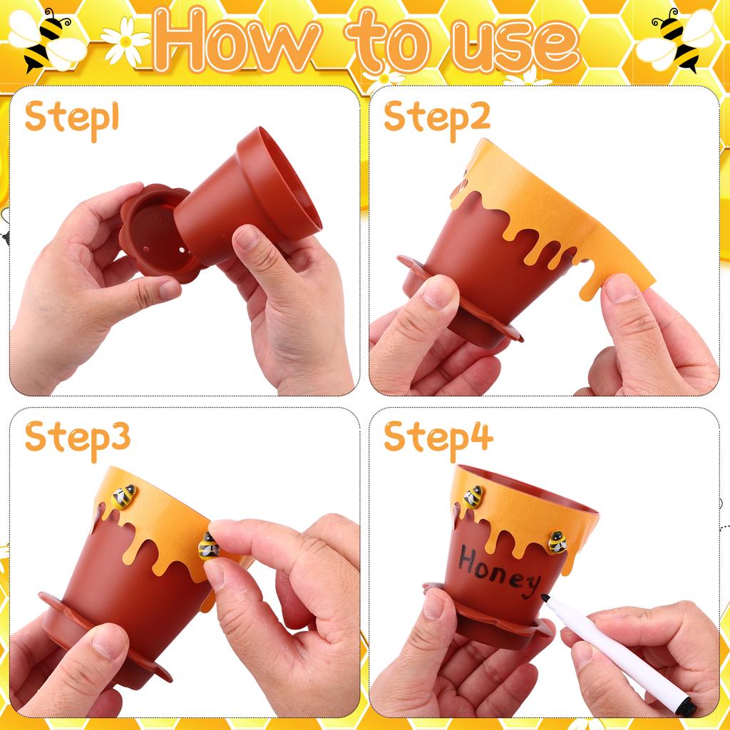 48 Pack Mini Honey Bee Pots with Lids Spoon Saucers and Wooden Bee Charms For Baby Shower Birthday Party Supplies