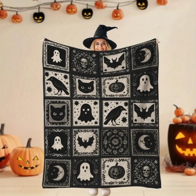 1 Piece of Soft Flannel Halloween Patchwork Blanket - Black and White Ghost Bat Pumpkin Witch Hat Pattern - Comfortable Bed Sofa