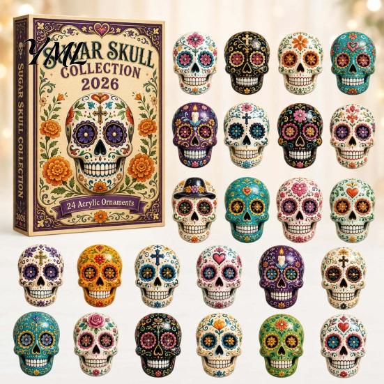 Calendario dell'Avvento di Halloween Giorno dei Morti, Set di Ornamenti Acrilici da 24 Giorni con Stile Oscuro Decorazioni per la Casa Teschio e Fiori di Calendula, Decorazione da Appendere all'Albero,
