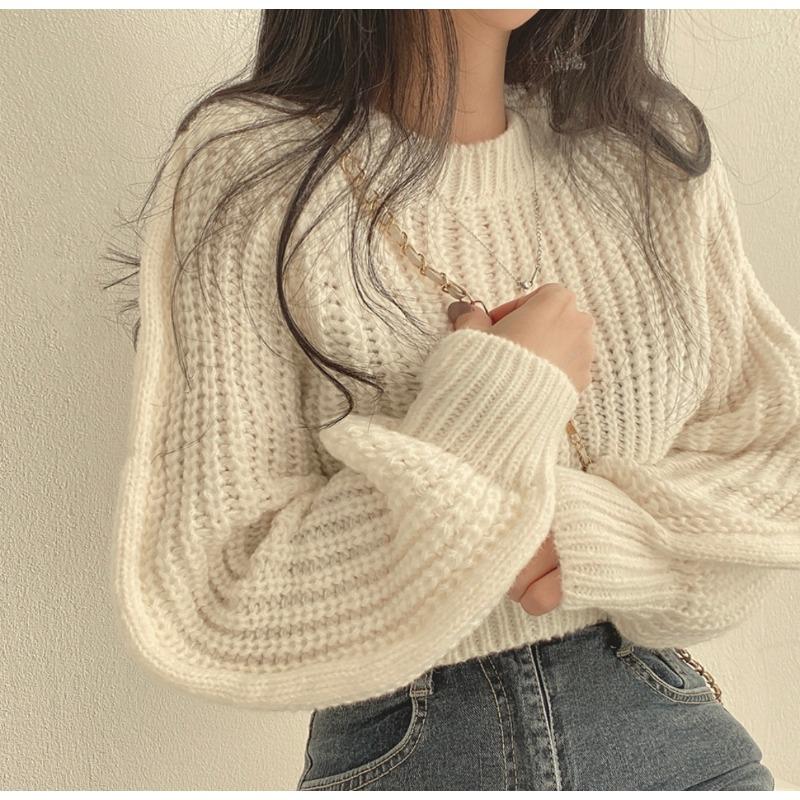 Autumn and Winter Crew Neck Knitted Loose Sweater New Women Fashion Elegant Simple Sweet Tops Solid Color Simple Office Ladies Short Clothing