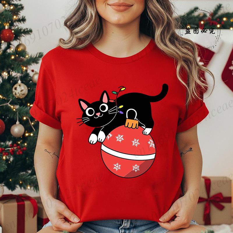 Kitten Xmas Tree Unisexs Casual TShirt Black Cat Christmas Graphic Print TShirts Tops Meowy Xmas Lights Novelty TShirt Tops