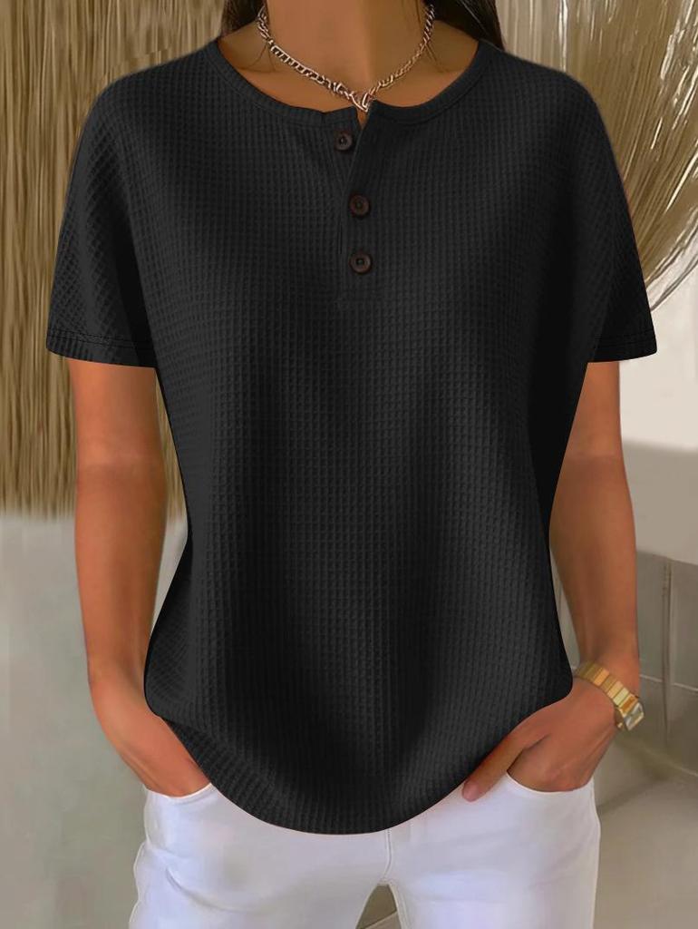 2026 Summer Solid Color Waffle Knit Round Neck Short Sleeve Top