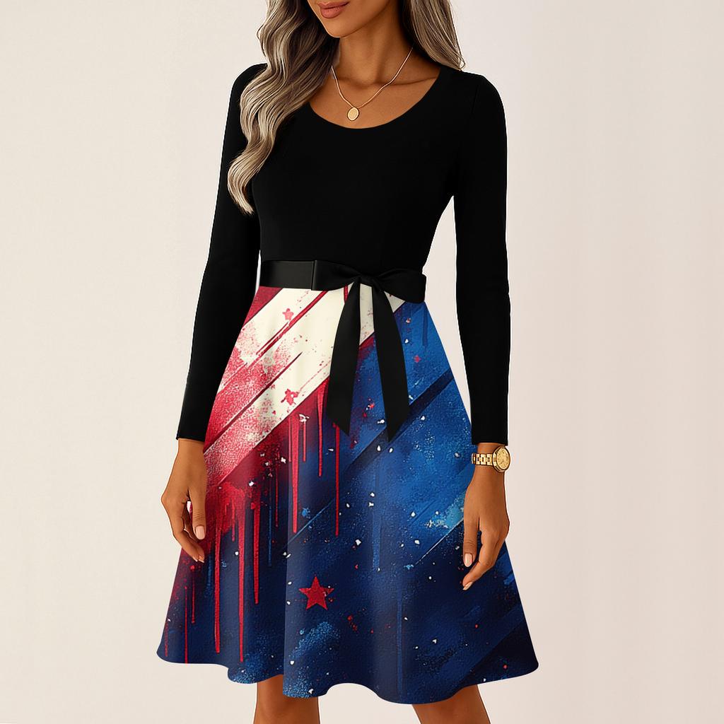 Ladies' Casual And Fashionable Round Neck Long Sleeved Retro Independent Day Print Retro Dress