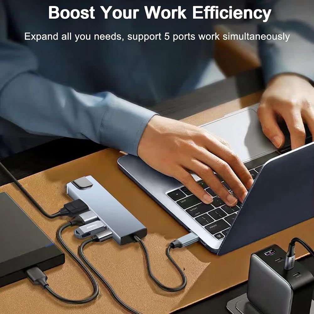 KEBIDUMEI 5-in-1 USB C Docking Station TYPE-C to HDMI/RJ45 Adapter USB C HUB USB 3.0 5Gbps High Speed USB Splitter For PC Laptop