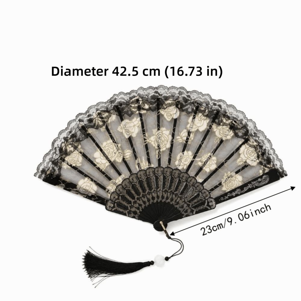 4pcs Plastic Frame Hand Fan Black Rose Lace Fan  Summer Outfit Stage Performance