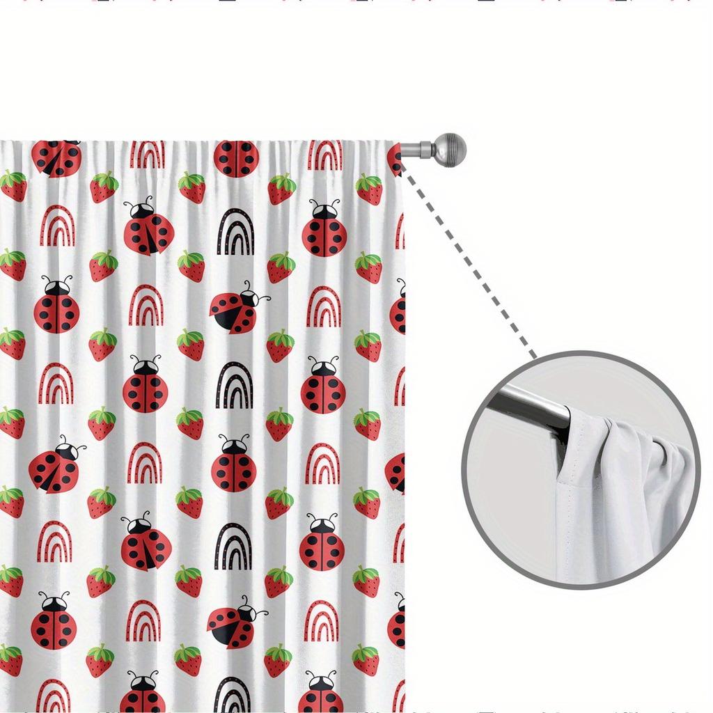 2pc Cute Ladybug and Strawberry Curtains, Polyester Fabric, Machine Washable, Suitable for Bedroom and Living Room Decoration