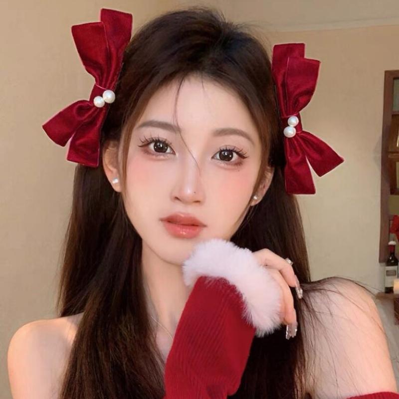 2Pcs Graceful Retro Black/Red Velvet Bow Clip Elegant Two-Piece School Party Duckbill Clip For All Seasons Hair Accessories