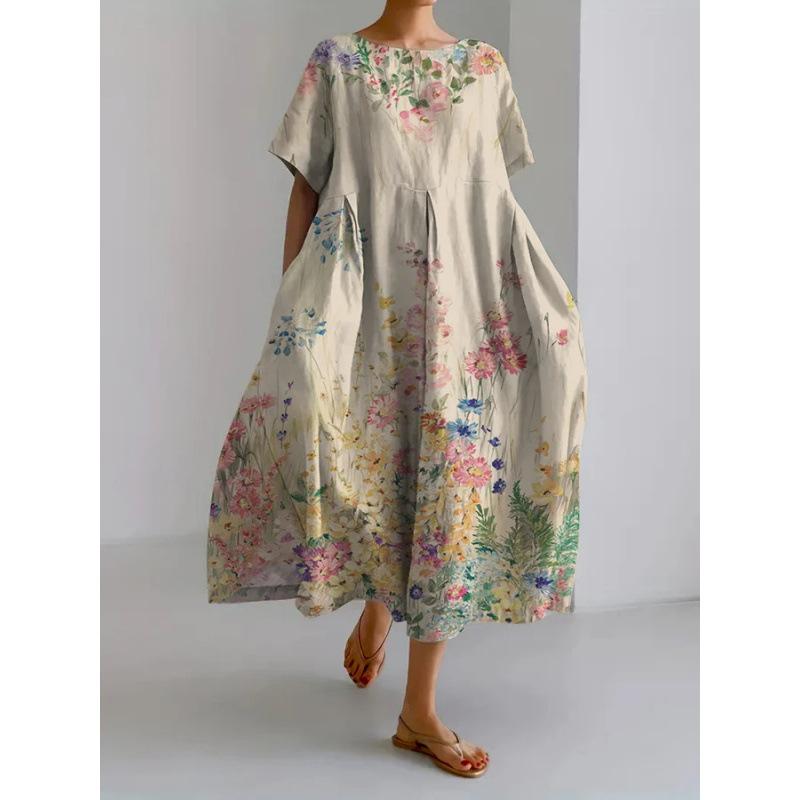 Damen Sommer Übergröße Gestreiftes Print Maxikleid, Lässiges Lockeres Rundhals Kurzarm Oversized A-Linien-Kleid