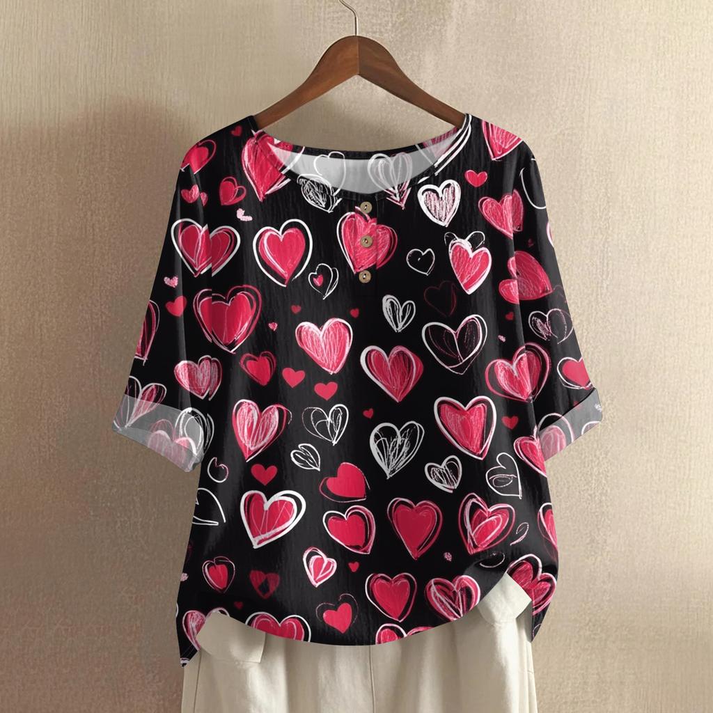 Damska casualowa i wygodna bawełniano-lniana bluzka z okrągłym dekoltem, średniej długości, z modnym nadrukiem