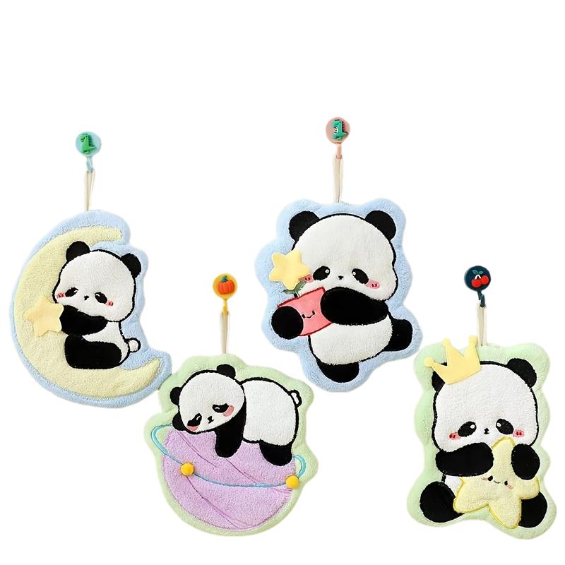 A Highly Absorbent, Encrypted Coral Fleece Hand Towel with a Cute Panda Design, Wall Mounted for Children'S Bathroom And Kitchen Use.