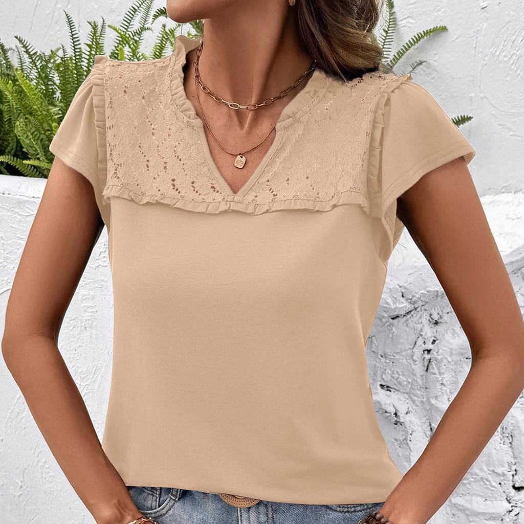 Women's Casual V-Neck Pleated Patchwork Lace-Trimmed Short-Sleeve Top With Hollow Ruffles